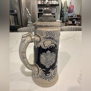 Blue and Cream Ceramic German Beer Stein with Ornate Design